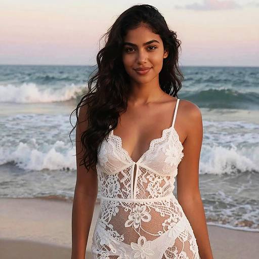 Photograph of a beautiful South Asian woman with long, wavy black hair, wearing a white lace, deep V-neck dress, standing on a beach