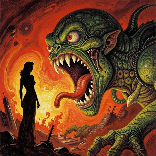 Digital artwork: Silhouetted woman stands defiantly against fiery background, facing monstrous green dragon with sharp teeth and extended tongue. Red-orange flames and