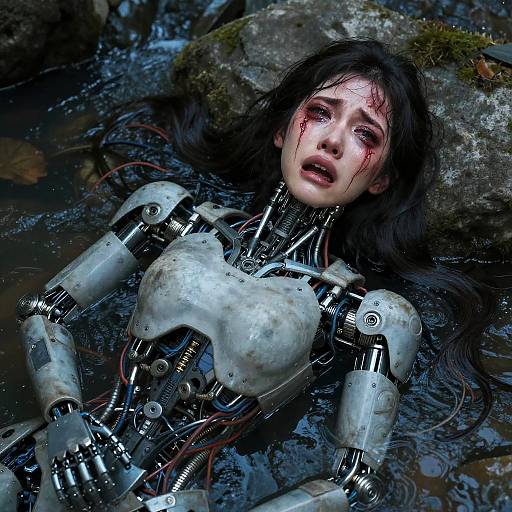 CGI image of a bloodied, humanoid robot with long black hair, lying in a muddy, rocky stream, partially submerged.