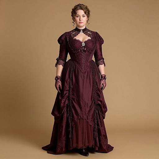 Photograph of a woman in a Victorian-style, black lace dress with puffed sleeves, high collar, and cut-out neckline, standing against a beige