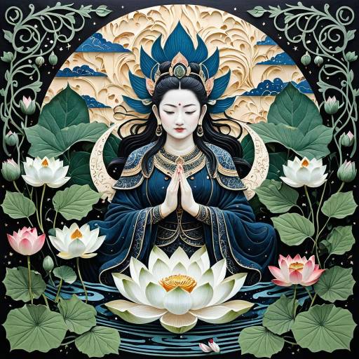 Serene Celestial Guardian with Lotus Flowers