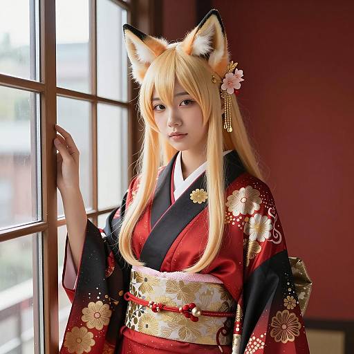 Asian Woman in Fox Ears and Traditional Kimono