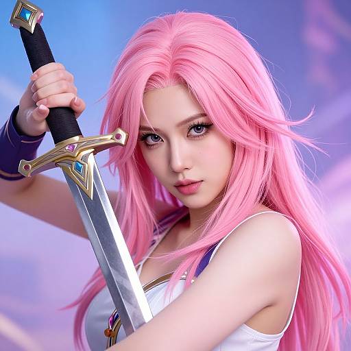 Digital art of a pink-haired woman with blue eyes, holding a sword, wearing a white top, against a blue sky background.