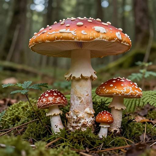 Photograph of vibrant orange-red mushrooms with white speckles in a lush forest, surrounded by green moss and ferns.