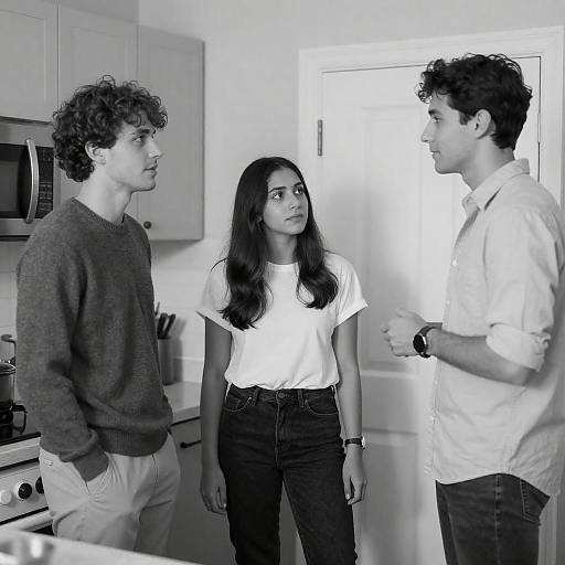 Black and White Photo of Young Adults Talking in Kitchen
