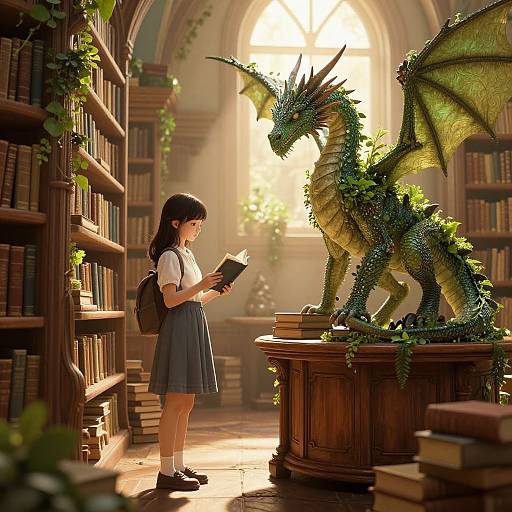 Anime-style digital illustration of a schoolgirl with black hair, white blouse, and grey skirt, reading a book beside a green dragon in a sunlit