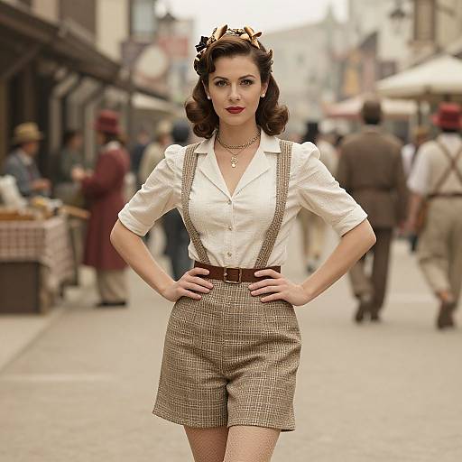 Photograph of a 1940s-style woman with dark, wavy hair, red lipstick, white blouse, brown plaid shorts, and suspend