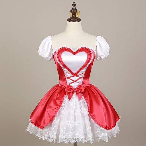 Photograph of a white dress mannequin wearing a red satin and white lace dress with a heart-shaped cutout, crisscross lacing,
