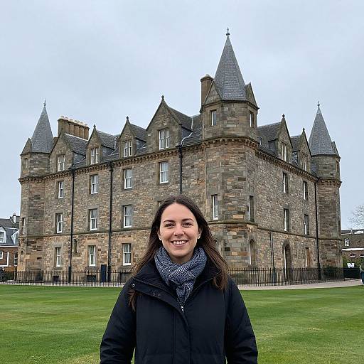 Photograph of a smiling woman with dark hair and a black coat, standing in front of a large, gray stone castle with multiple turrets and pointed