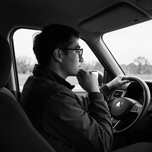 Black-and-white photograph of a man with short dark hair, glasses, and a jacket, driving a car, holding a cup to his mouth.