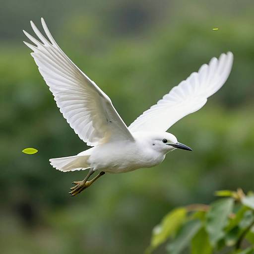 Photograph of a white egret in mid-flight with outstretched wings, green blurred background, small yellow leaves, and sharp black beak.