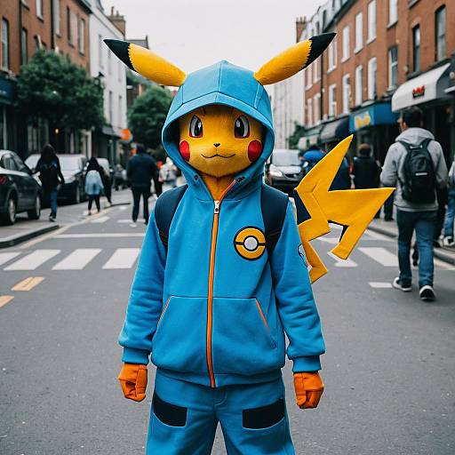 Photograph of a child in a Pikachu costume, with yellow face, blue hoodie, orange gloves, standing on urban street, pedestrians in background.