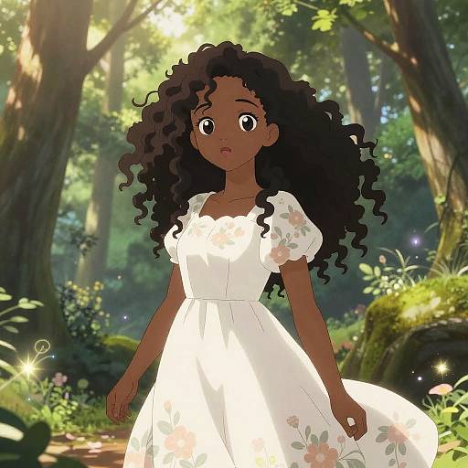 Black Anime Girl in Floral Dress in Forest