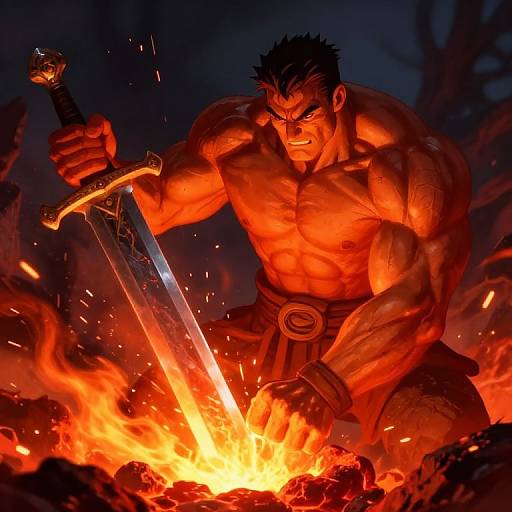 Muscular Giant Forging Sword in Volcano