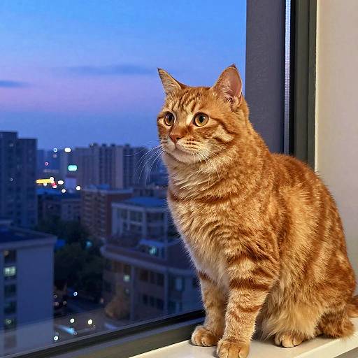 Photograph of a curious, orange tabby cat with striking stripes, sitting on a windowsill at dusk, gazing outside at a cityscape with