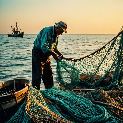 Old fisherman mending nets at sunrise