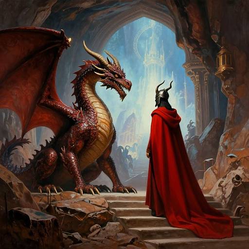 Digital fantasy artwork of a red dragon facing a cloaked figure in a red cape inside a dark, rocky cave with sunlight and a distant cityscape through