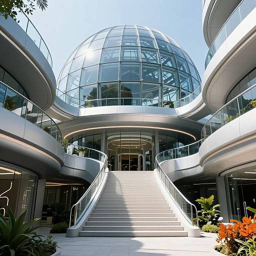 Photograph of a modern, glass-domed building with curved, metallic balconies and a central staircase, surrounded by bright greenery and red flowers.