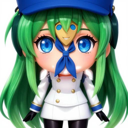 Chibi anime girl with green hair, blue eyes, blue hat, white uniform, blue neckerchief, and black gloves. Bright, colorful digital