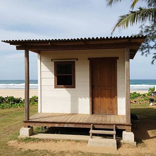 Photograph of a small, white wooden beach hut with a brown door and window, raised on concrete blocks, palm tree above, ocean and sandy shore