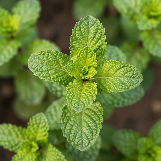 Close-up photograph of vibrant green mint leaves with textured surfaces, showcasing detailed veins and a central yellow flower bud. Background is blurred, dark green foliage.
