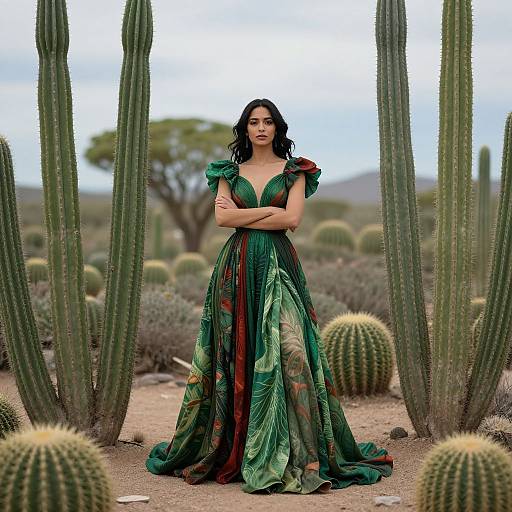 Photograph of a woman with dark hair in a green, leaf-patterned gown standing confidently in a desert with tall cacti and round globular