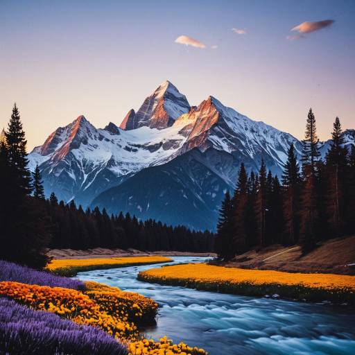 Snow-Capped Alpine Peaks with River and Wildflowers