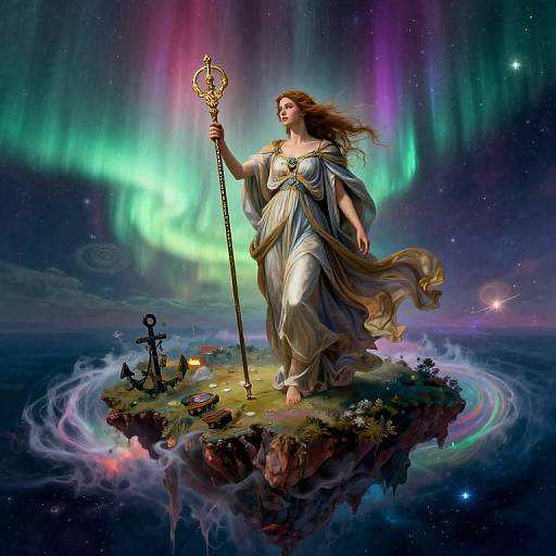 Digital fantasy artwork of a goddess with flowing brown hair, wearing a white gown, holding a golden staff, standing on a floating island under vibrant aurora