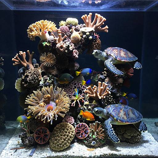 Photograph of a colorful, illuminated aquarium display featuring coral, sea anemones, two turtles, and various small fish, with a dark background.