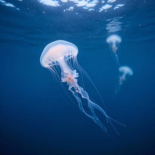 Photograph of a glowing, translucent jellyfish with delicate, flowing tentacles against a deep blue underwater background, with another jellyfish faintly visible in