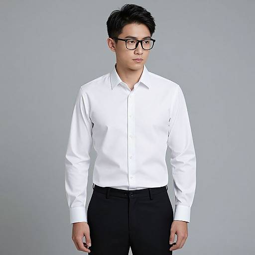 Photograph of an Asian man with short black hair, black-framed glasses, wearing a white button-down shirt and black pants, standing against a plain