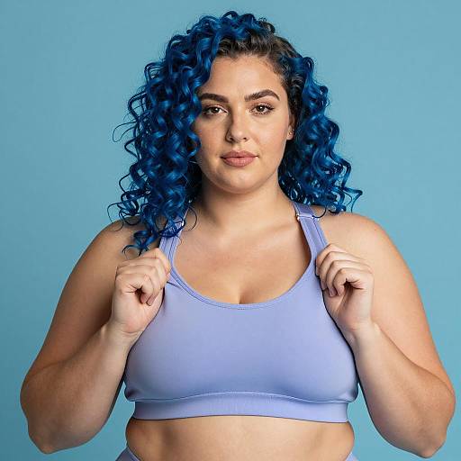 Plus-Sized Woman with Blue Hair in Sports Bra