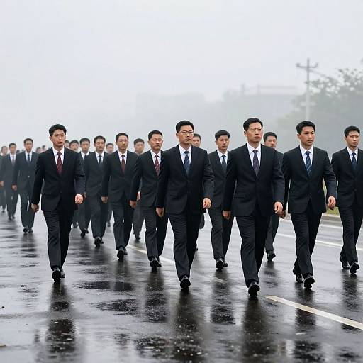 Marching Figures on Misty Reflective Road
