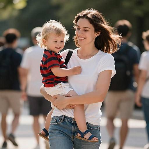 Smiling Mother Carrying Toddler in Park