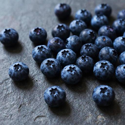 Close-up photograph of fresh, dark blue blueberries with star-shaped tops, scattered on a textured, gray slate surface.