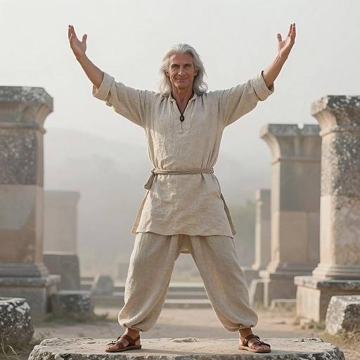 Elderly man with long gray hair, wearing beige traditional robes, stands with arms raised on ancient stone ruins, smiling confidently. Photograph.