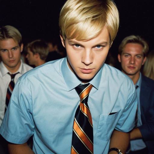 Young man in blue shirt and striped tie at party