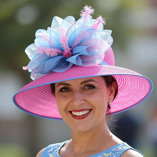 Photograph of a smiling woman with fair skin and red lipstick, wearing a blue and pink wide-brimmed hat adorned with large blue fabric flowers and