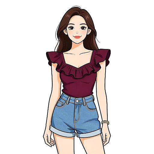 Digital illustration of a smiling young woman with long brown hair, wearing a ruffled maroon top and high-waisted blue denim shorts.