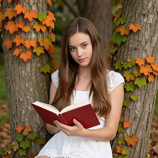Photograph of a young woman with long brown hair, wearing a white dress, reading a red book against two trees with orange and green leaves in autumn