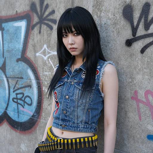 Edgy Woman with Denim Vest and Graffiti