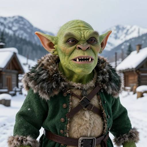 Photorealistic CGI of a green-skinned goblin with pointed ears, sharp teeth, wearing a fur-trimmed green coat, standing in a