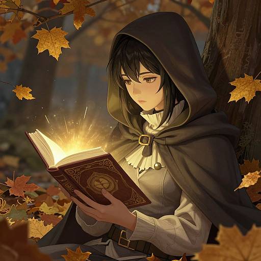 Digital anime-style drawing of a black-haired girl in a dark hooded cloak, reading a glowing book amidst autumn leaves.