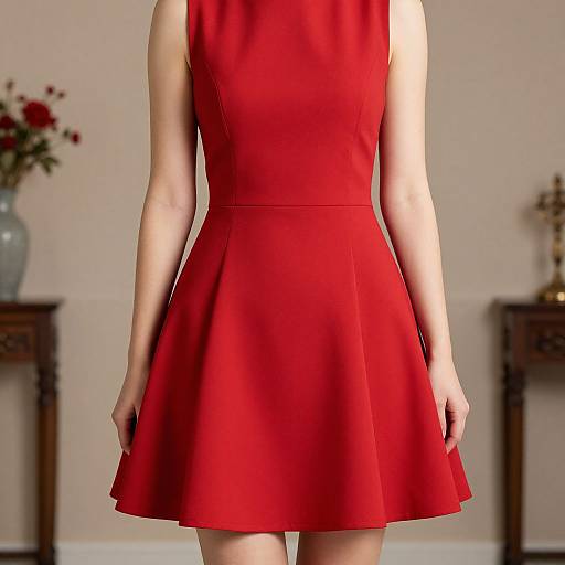 Photograph of a woman from the shoulders down, wearing a sleeveless, bright red, A-line dress, standing in a softly lit room with blurred