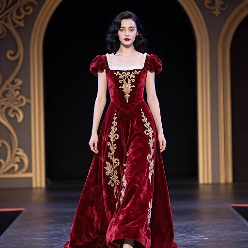 Photograph of a pale-skinned woman with dark, wavy hair, wearing a deep red velvet gown with gold floral embroidery, walking on a black
