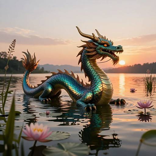 Digital art of a vibrant, iridescent blue dragon with red and gold accents, standing in a serene lake during sunset, surrounded by lily pads
