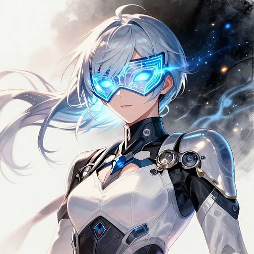 Digital anime-style drawing of a silver-haired woman with glowing blue visor, wearing futuristic white and black armor, set against a cosmic background.