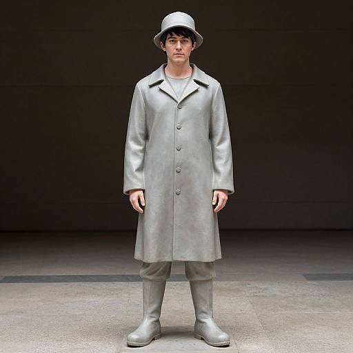 Photograph of a young man in a silver metallic coat, matching boots, and helmet, standing against a dark, minimalist background.