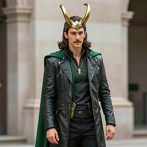 Man in Loki Casual Costume with Gold Horned Helmet