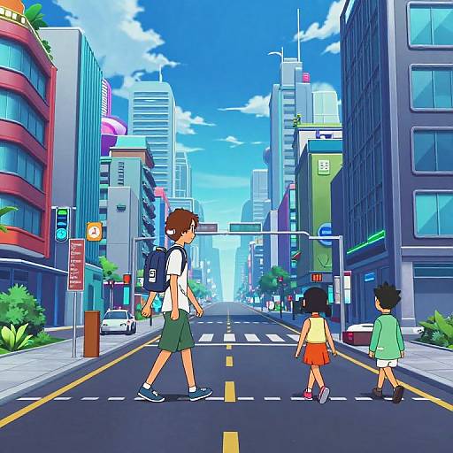 Anime Style Cityscape with Walking Characters